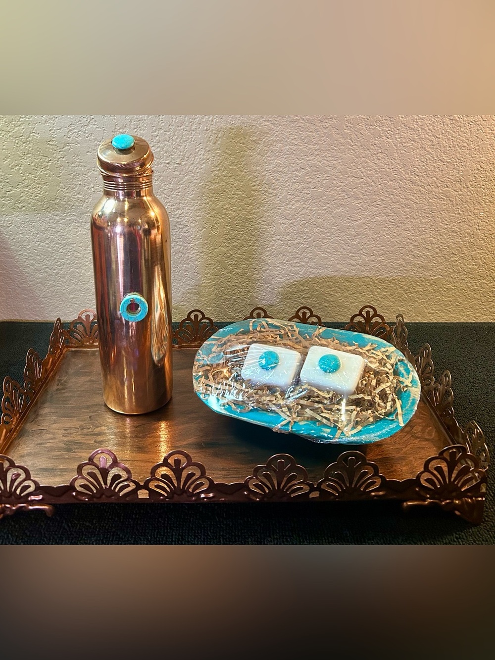 Luxurious Artisan Copper & Turquoise Spa Gift Bundle, set on a Gorgeous Tray!